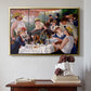 Gold floater framed canvas featuring Luncheon of the Boating Party (Le Déjeuner des canotiers), 1880-1881 by Pierre-Auguste Renoir above an entryway table in a minimalist foyer.