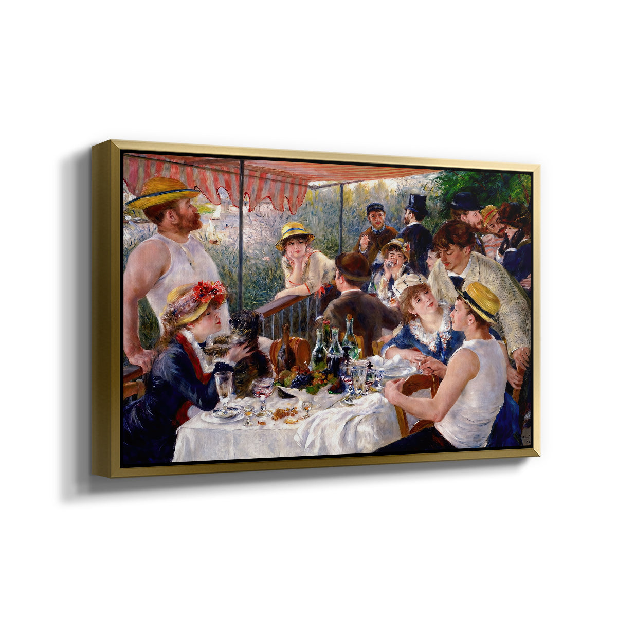 Angled view of Luncheon of the Boating Party (Le Déjeuner des canotiers), 1880-1881 by Pierre-Auguste Renoir in a gold floater framed canvas.
