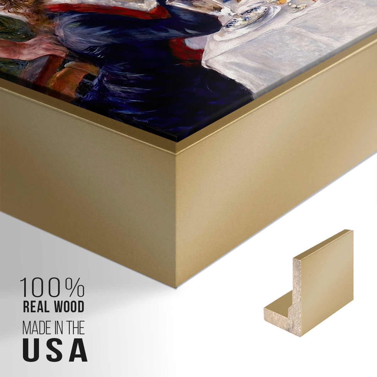 Close-up of the gold floater frame corner and gallery wrapped canvas construction.