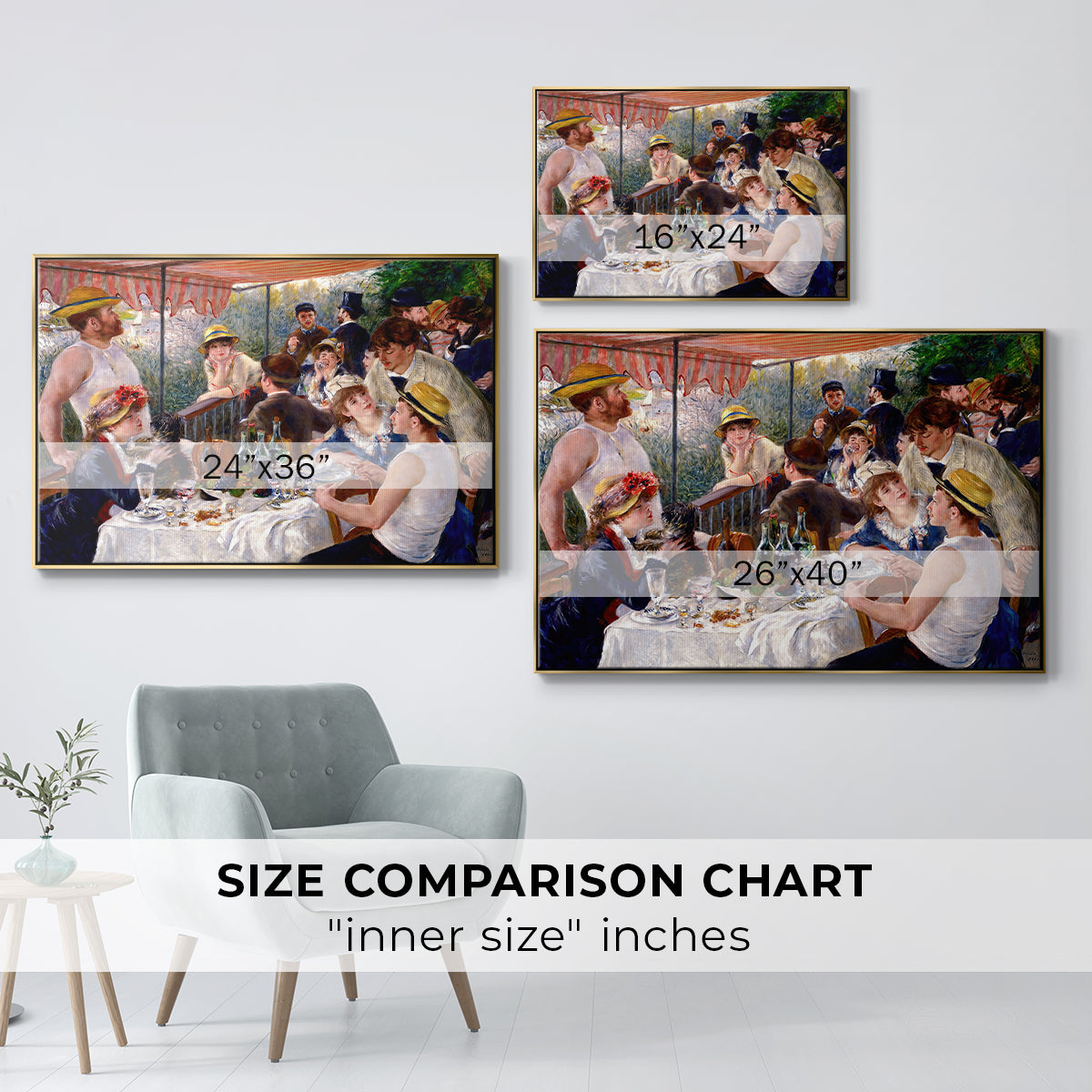 Size comparison chart for gold floater framed canvas featuring Luncheon of the Boating Party (Le Déjeuner des canotiers), 1880-1881 by Pierre-Auguste Renoir.