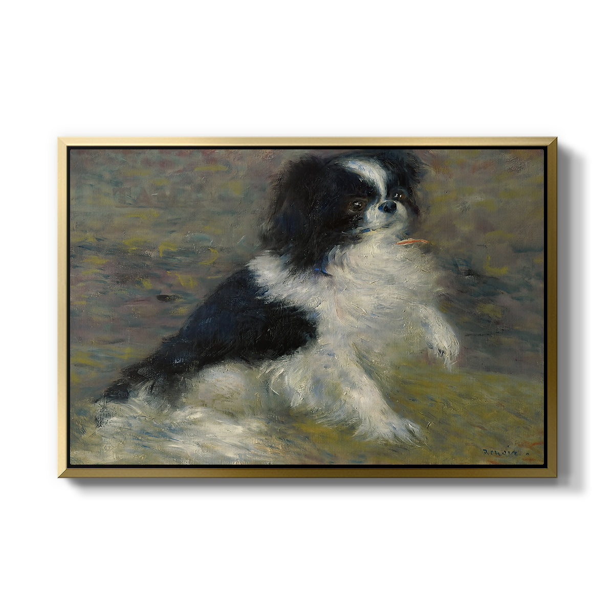Tama, the Japanese Dog, c. 1876 by Pierre-Auguste Renoir in a gold floater framed canvas wall art display.