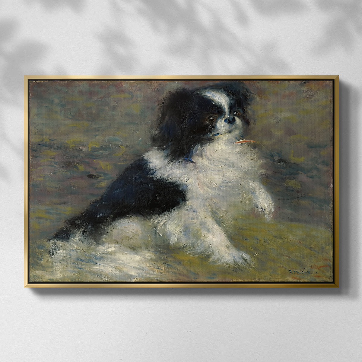 Front view of Tama, the Japanese Dog, c. 1876 by Pierre-Auguste Renoir in a gold floater framed canvas.