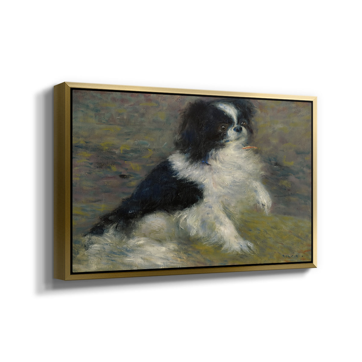 Angled view of Tama, the Japanese Dog, c. 1876 by Pierre-Auguste Renoir in a gold floater framed canvas.