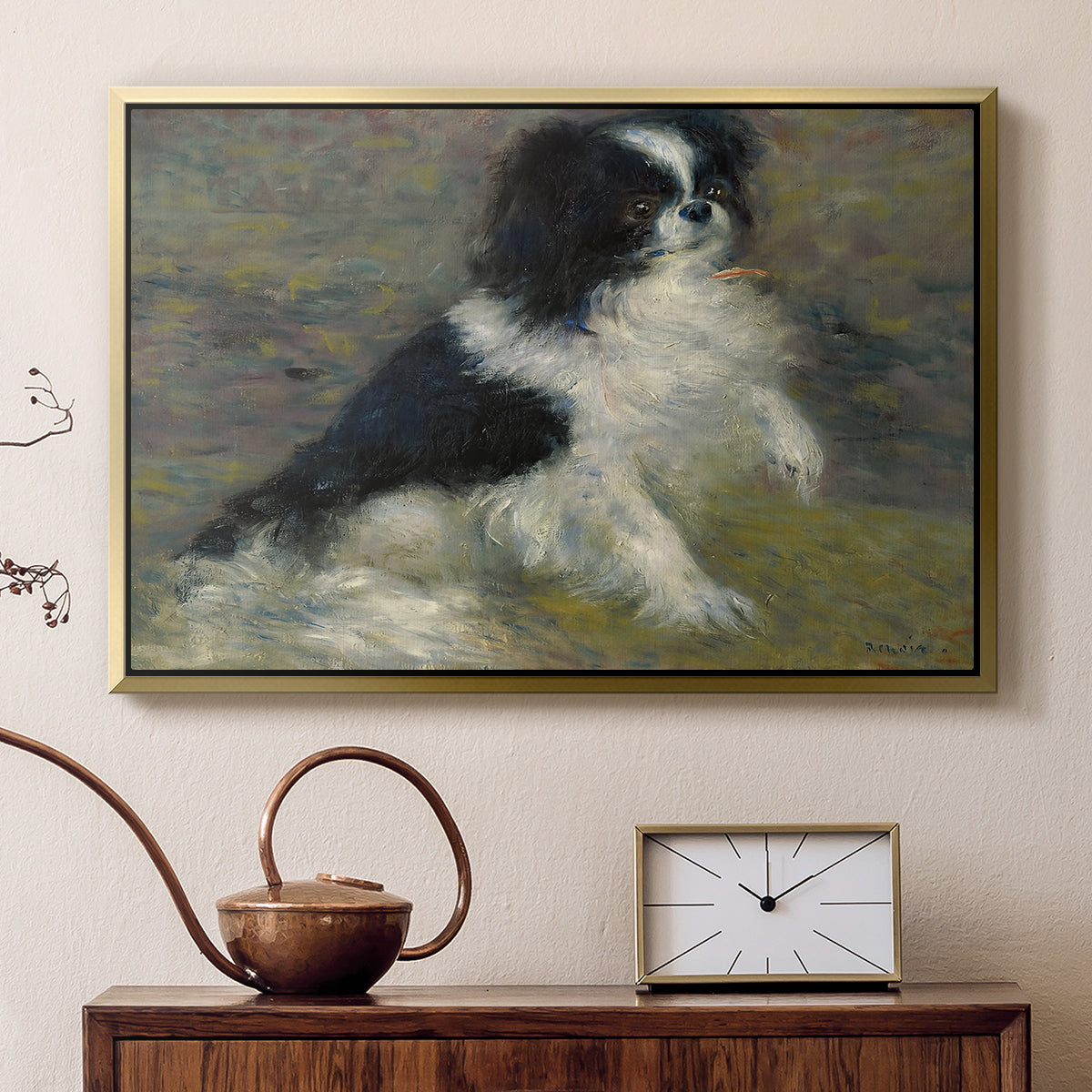 Gold floater framed canvas featuring a close-up of a small dog in motion surrounded by rippling water, displayed above a cabinet in a soft-toned living room.