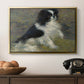 Tama, the Japanese Dog, c. 1876 by Pierre-Auguste Renoir in a gold floater framed canvas displayed above a console table in a hallway, featuring an animal portrait of a dog in natural outdoor setting with soft light.
