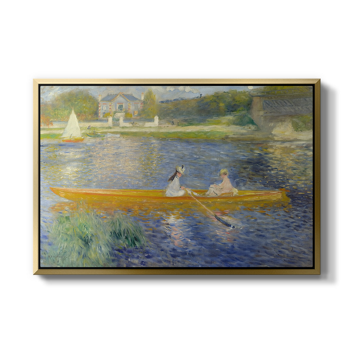 The Skiff (La Yole), 1875 by Pierre-Auguste Renoir in a gold floater framed canvas wall art display.