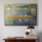 Gold floater framed canvas featuring The Skiff (La Yole), 1875 by Pierre-Auguste Renoir above an entryway table in a minimalist foyer.