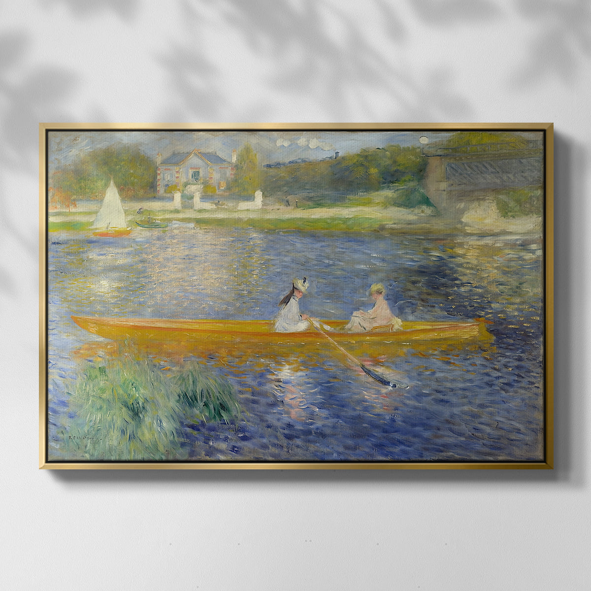 Front view of The Skiff (La Yole), 1875 by Pierre-Auguste Renoir in a gold floater framed canvas.