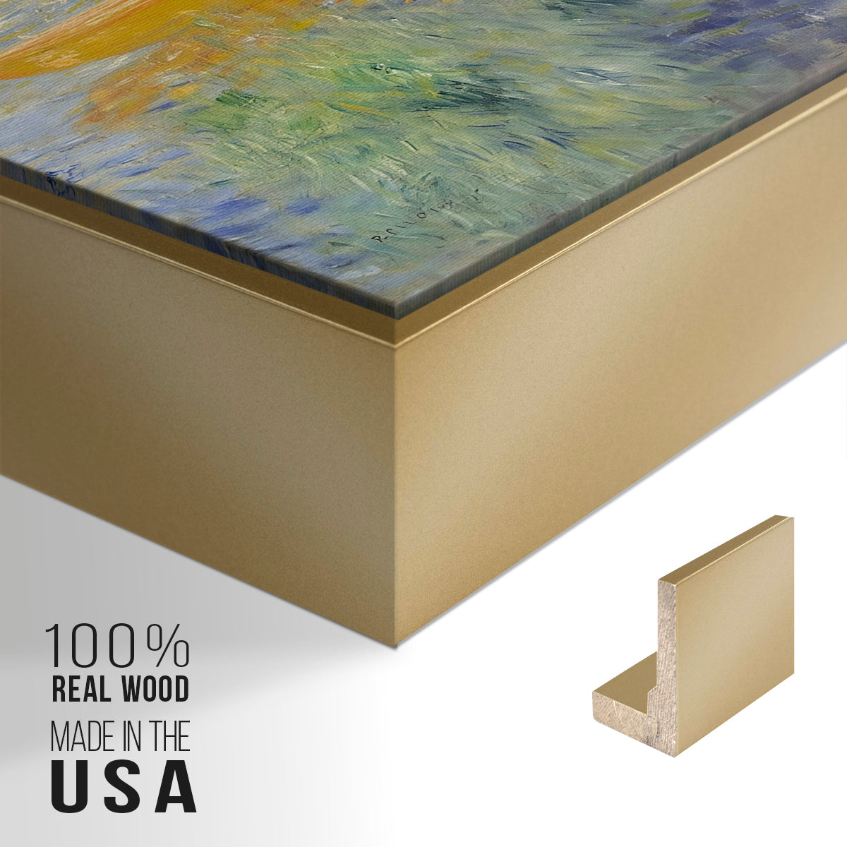 Close-up of the gold floater frame corner and gallery wrapped canvas construction.