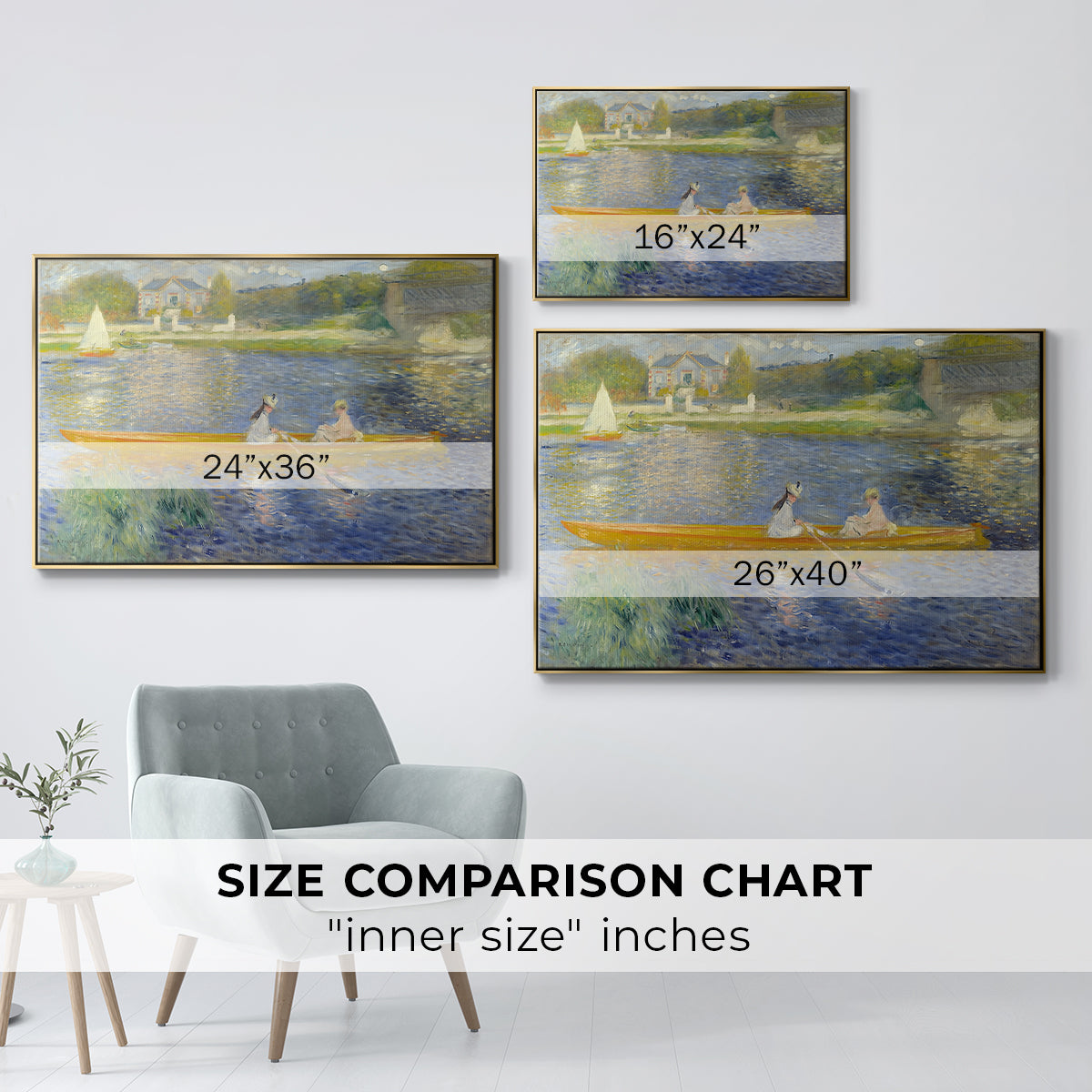 Size comparison chart for gold floater framed canvas featuring The Skiff (La Yole), 1875 by Pierre-Auguste Renoir.