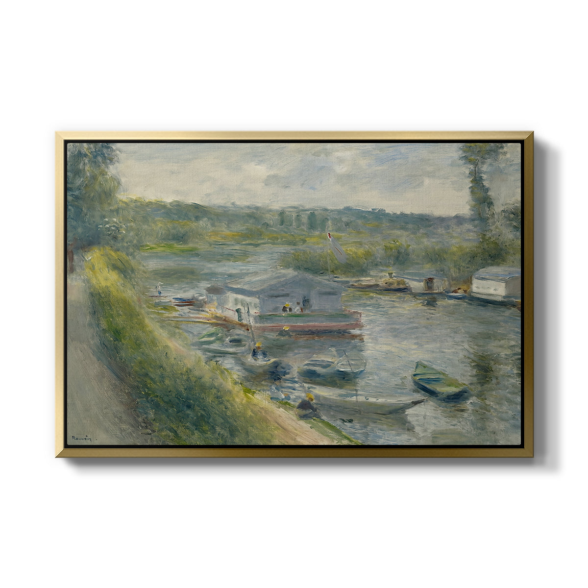 Wash-House Boat at Bas-Meudon, c. 1874 by Pierre-Auguste Renoir in a gold floater framed canvas wall art display.
