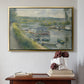 Gold floater framed canvas featuring Wash-House Boat at Bas-Meudon, c. 1874 by Pierre-Auguste Renoir above an entryway table in a minimalist foyer.