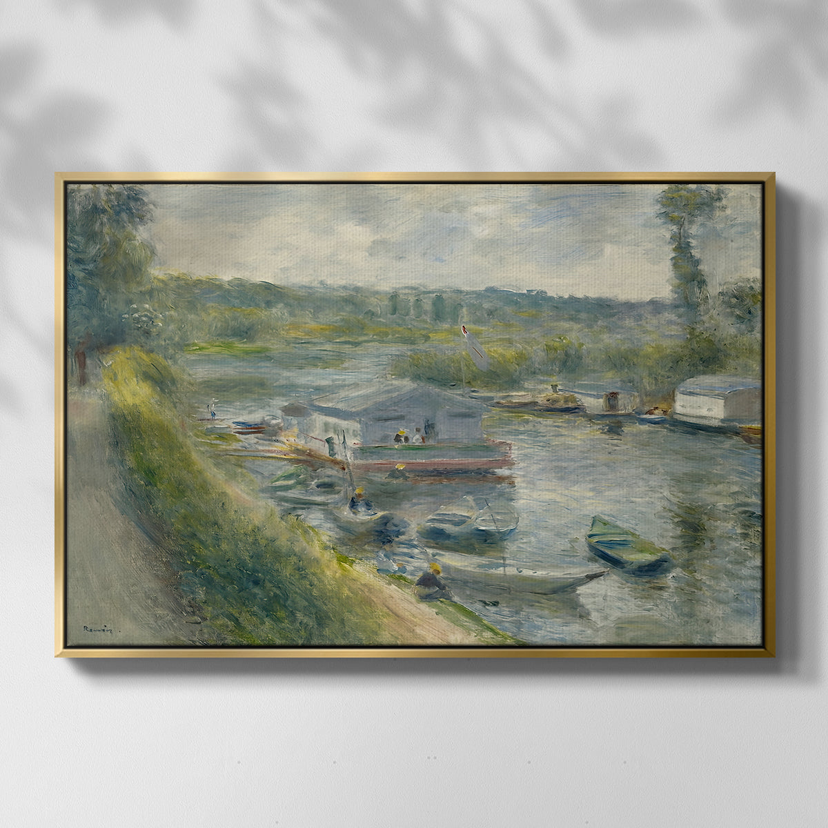 Front view of Wash-House Boat at Bas-Meudon, c. 1874 by Pierre-Auguste Renoir in a gold floater framed canvas.