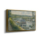 Angled view of Wash-House Boat at Bas-Meudon, c. 1874 by Pierre-Auguste Renoir in a gold floater framed canvas.