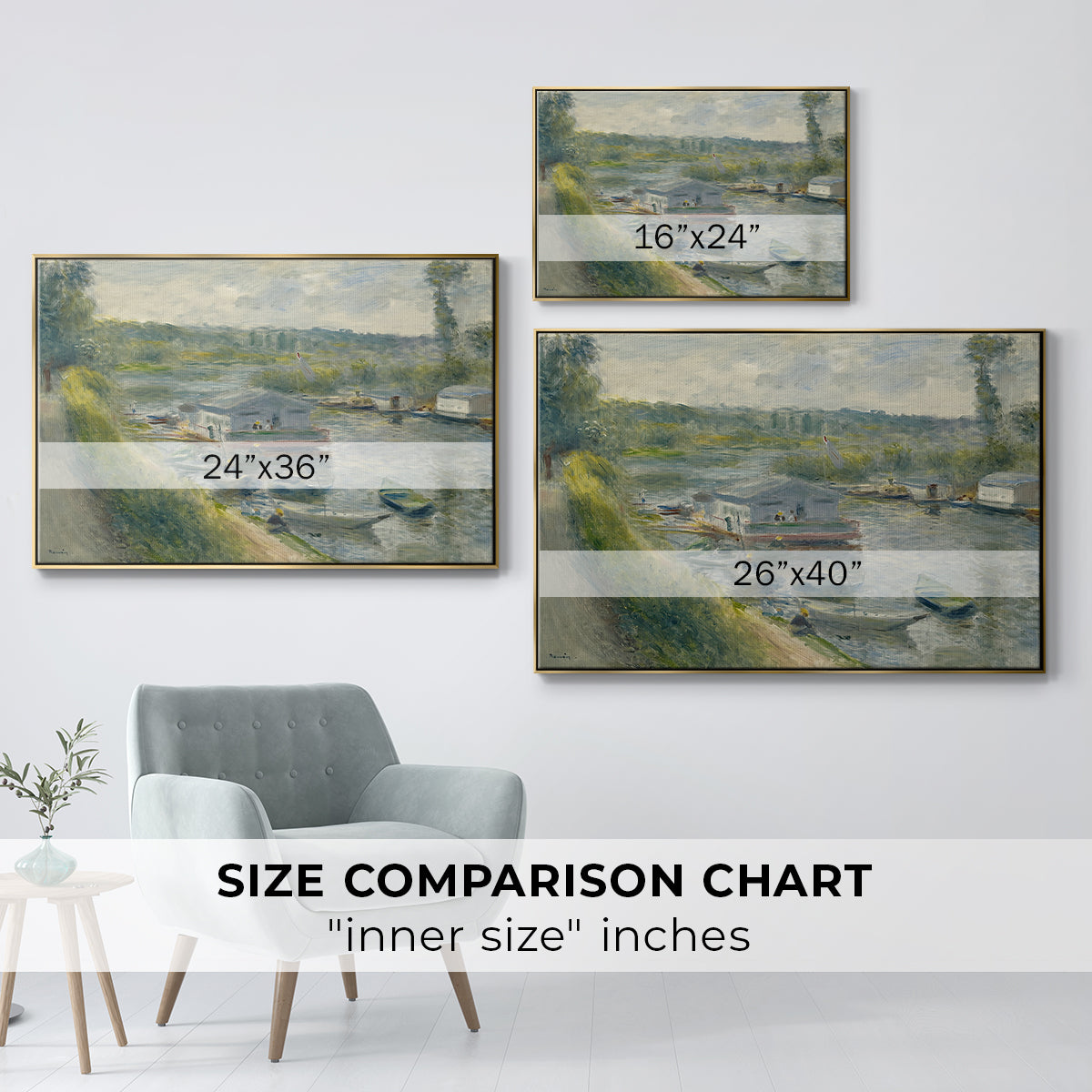 Size comparison chart for gold floater framed canvas featuring Wash-House Boat at Bas-Meudon, c. 1874 by Pierre-Auguste Renoir.