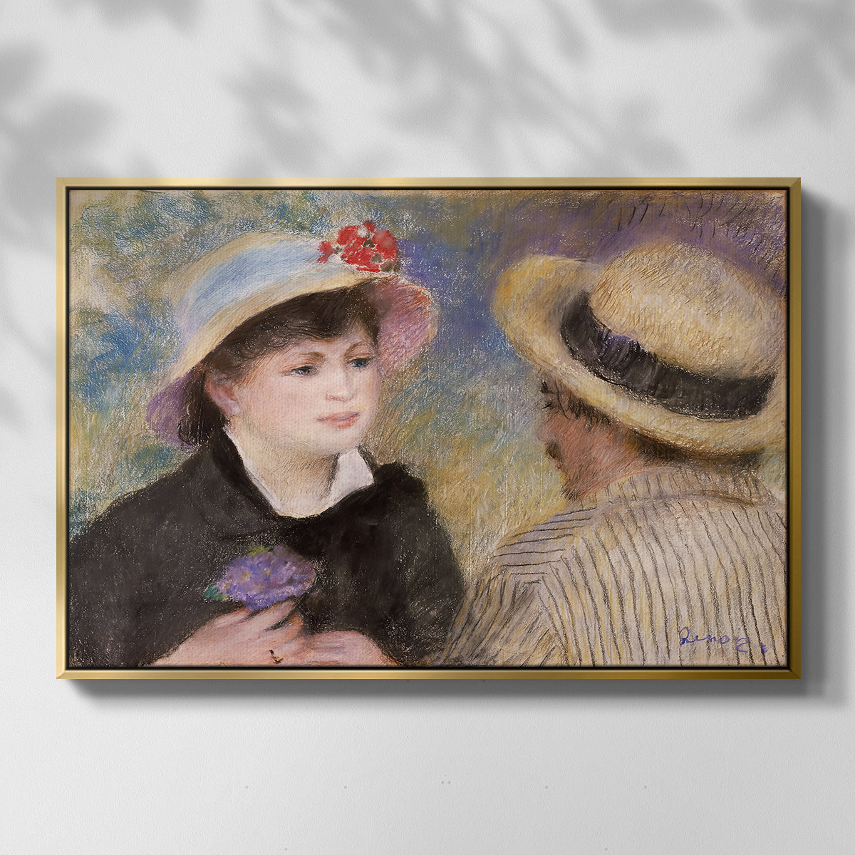 Front view of Boating Couple (Aline Charigot and Renoir), c. 1881 by Pierre-Auguste Renoir in a gold floater framed canvas.