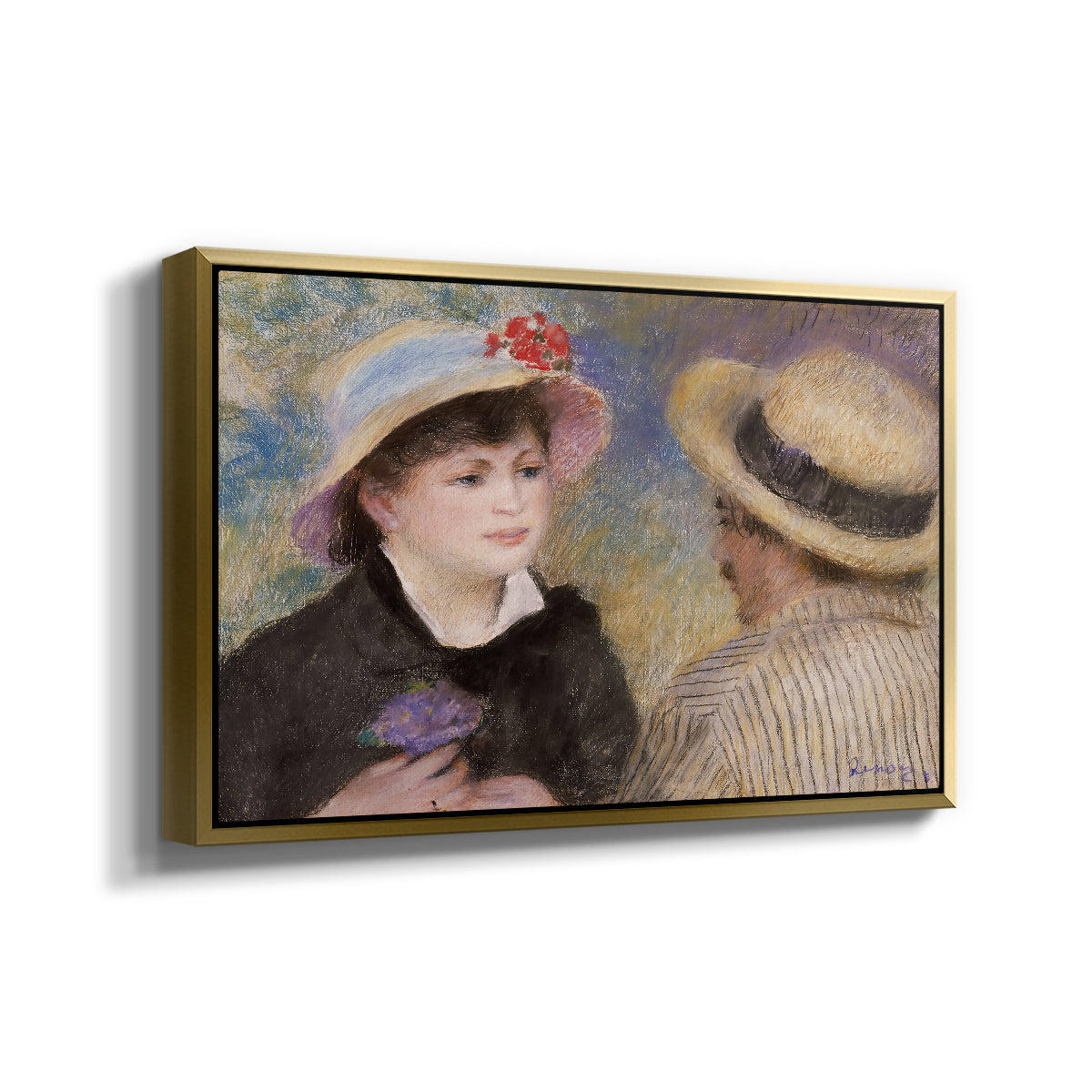 Angled view of Boating Couple (Aline Charigot and Renoir), c. 1881 by Pierre-Auguste Renoir in a gold floater framed canvas.