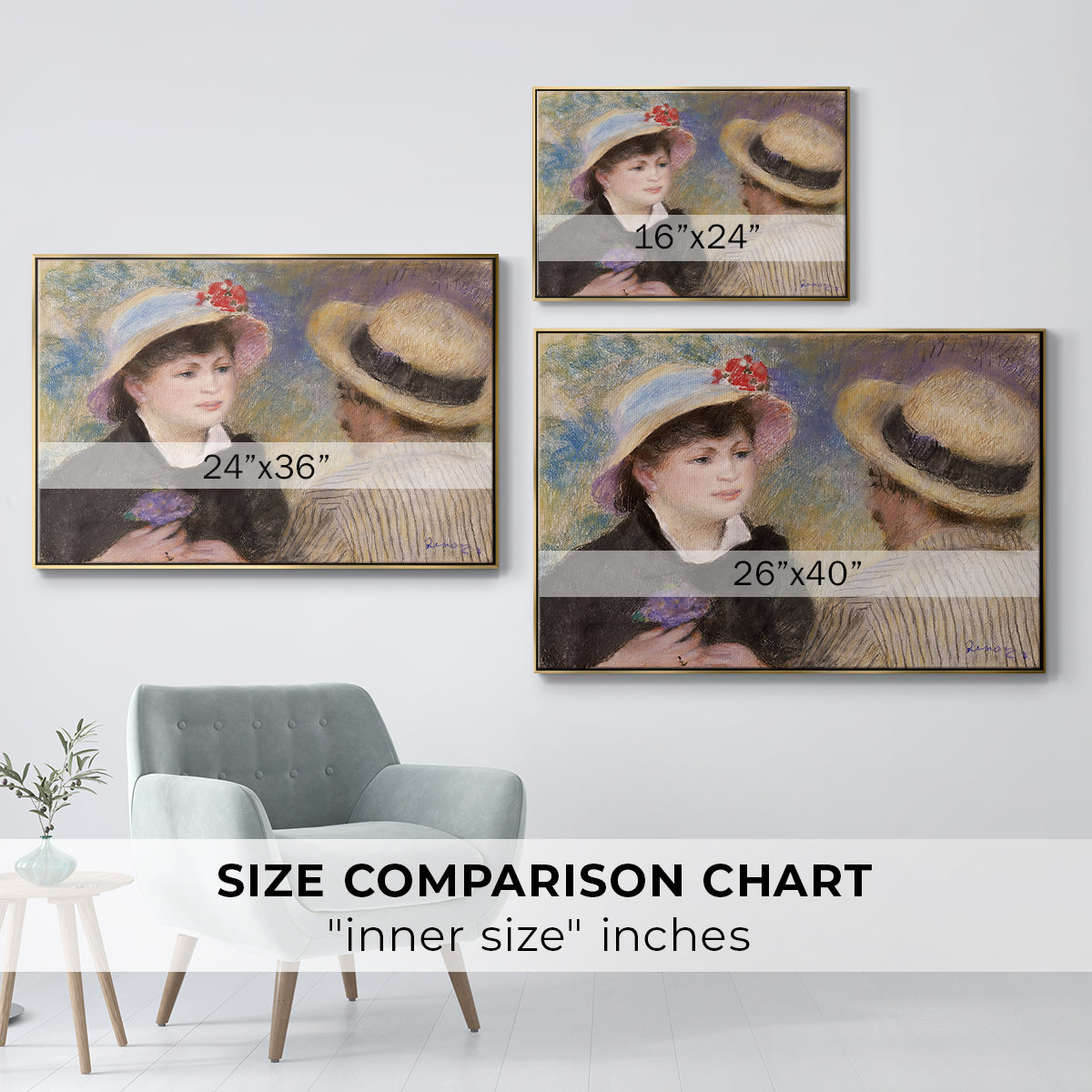 Size comparison chart for gold floater framed canvas featuring Boating Couple (Aline Charigot and Renoir), c. 1881 by Pierre-Auguste Renoir.
