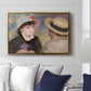Boating Couple (Aline Charigot and Renoir), c. 1881 by Pierre-Auguste Renoir displayed above a sofa in a living room in a gold floater frame, featuring an intimate portrait of man and woman sitting side by side in outdoor setting.