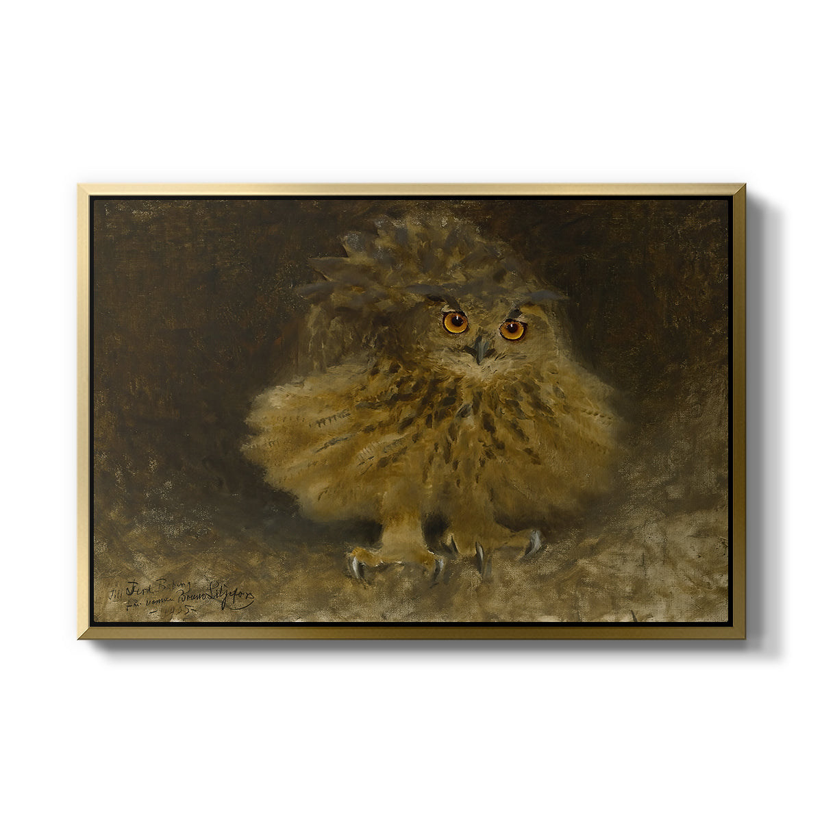 An Eagle Owl (Berguv), 1905 by Bruno Liljefors in a gold floater framed canvas wall art display.