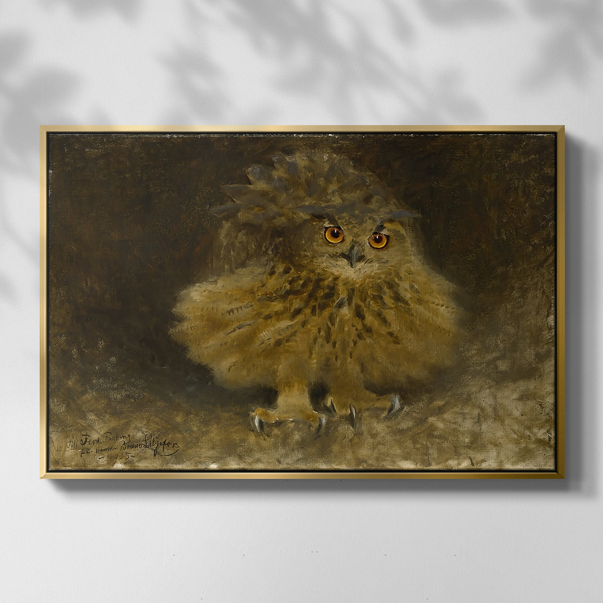 Front view of An Eagle Owl (Berguv), 1905 by Bruno Liljefors in a gold floater framed canvas.