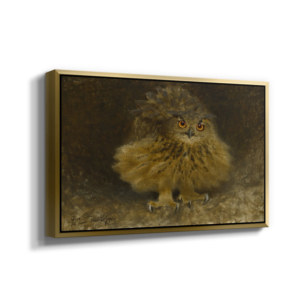 Angled view of An Eagle Owl (Berguv), 1905 by Bruno Liljefors in a gold floater framed canvas.