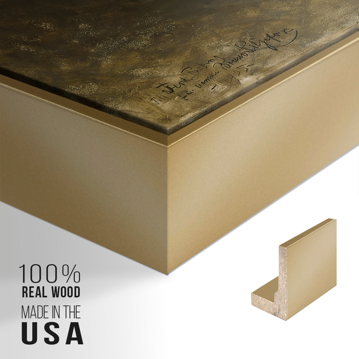 Close-up of the gold floater frame corner and gallery wrapped canvas construction.