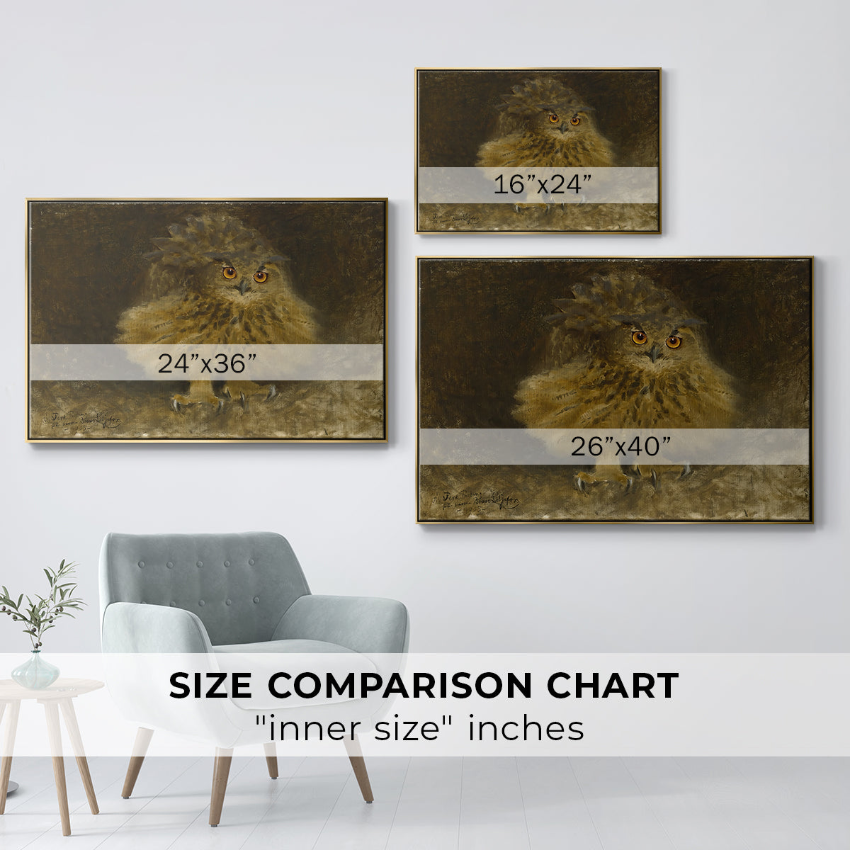 Size comparison chart for gold floater framed canvas featuring An Eagle Owl (Berguv), 1905 by Bruno Liljefors.