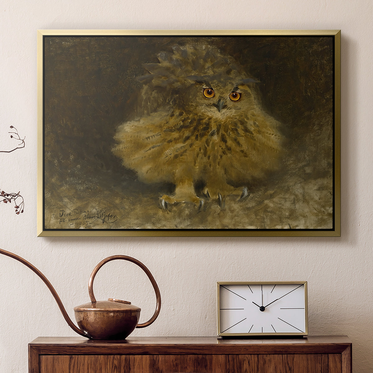 Gold floater framed canvas featuring a bird of prey resting on tree branch with textured feathers, displayed above a cabinet in a soft-toned living room.