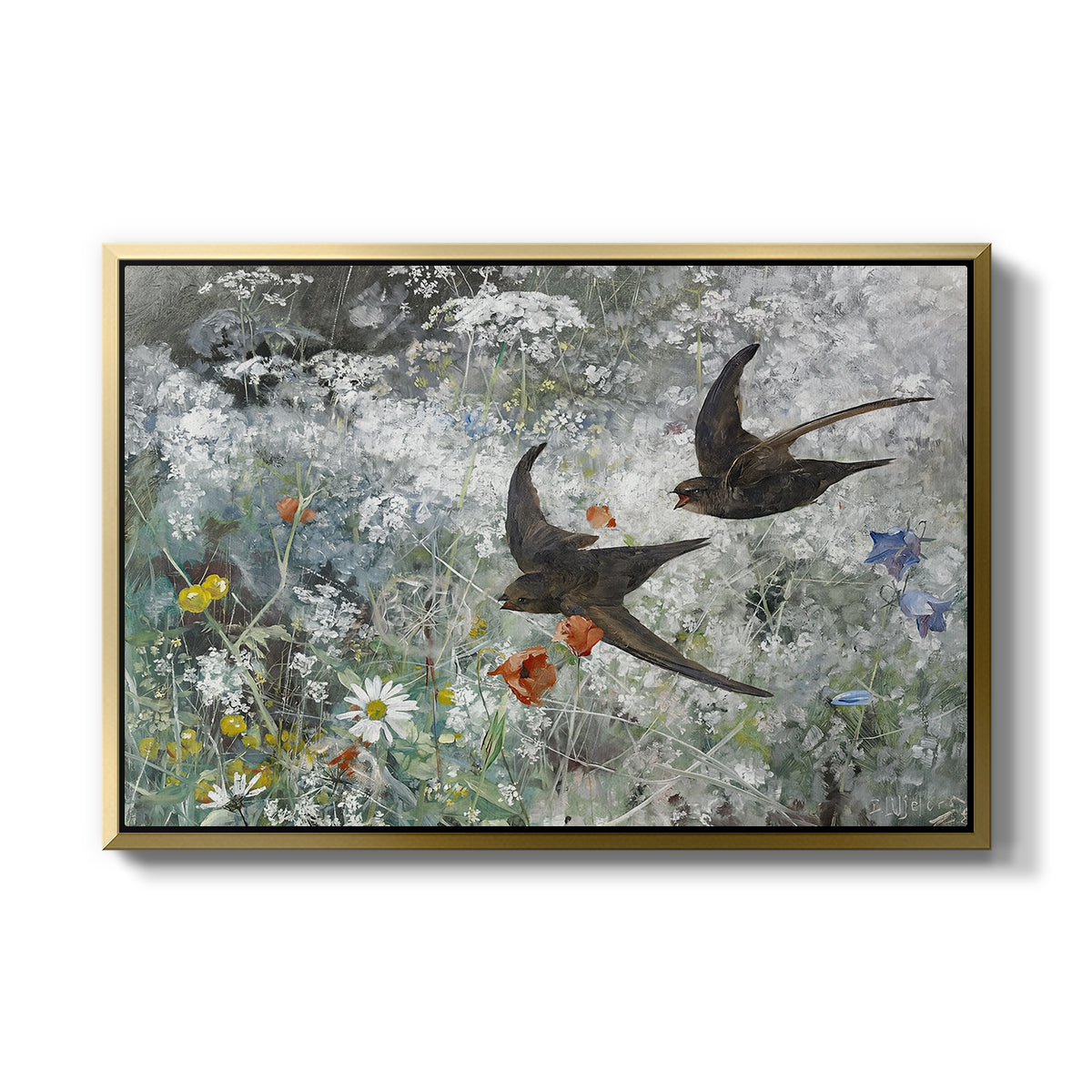 Common Swifts, 1886 by Bruno Liljefors in a gold floater framed canvas wall art display.