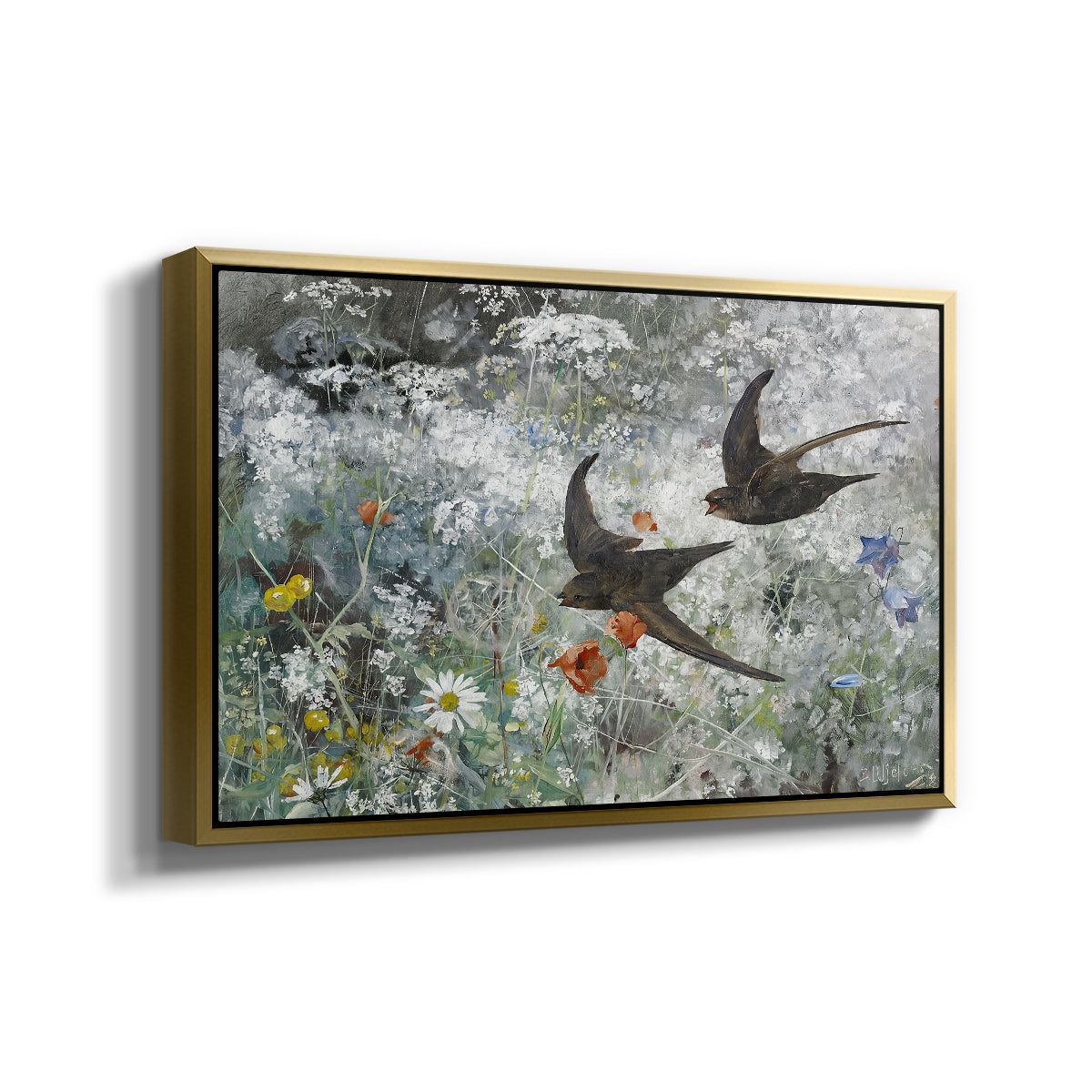 Angled view of Common Swifts, 1886 by Bruno Liljefors in a gold floater framed canvas.