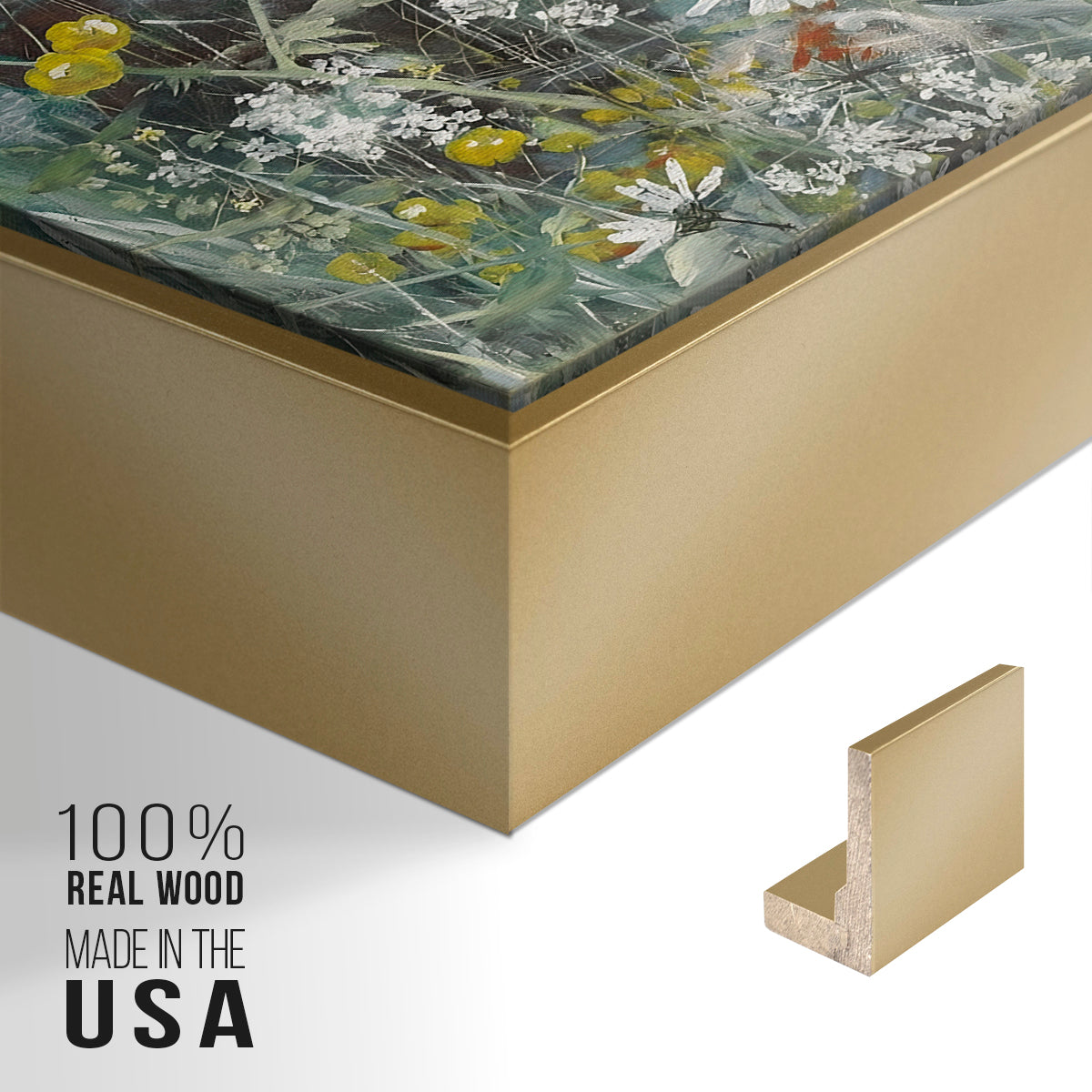 Close-up of the gold floater frame corner and gallery wrapped canvas construction.