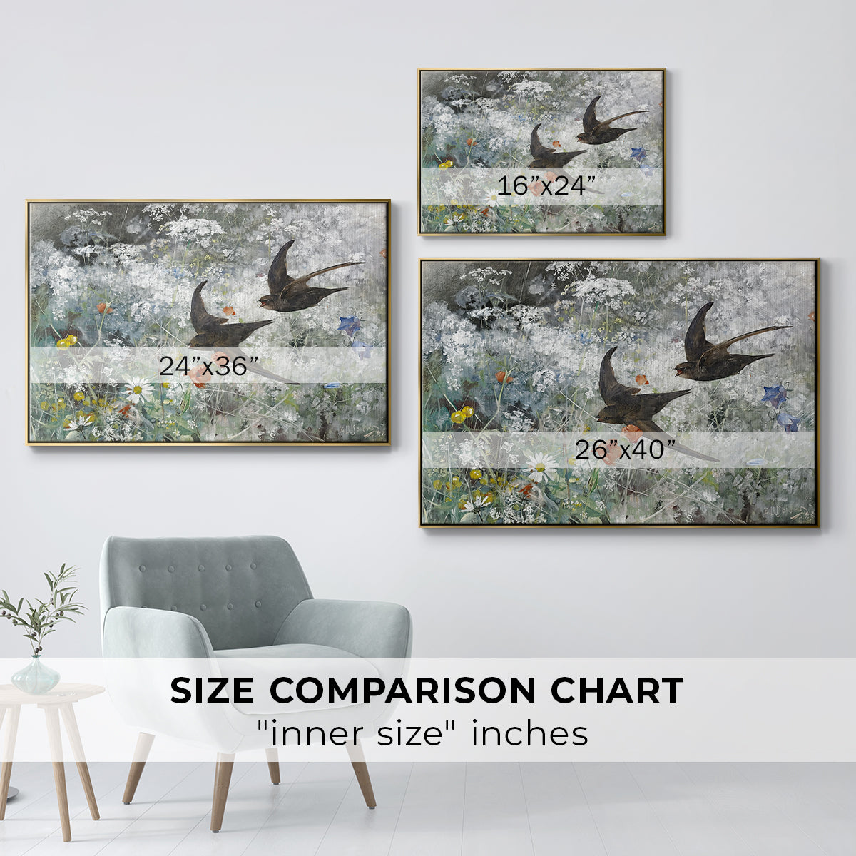 Size comparison chart for gold floater framed canvas featuring Common Swifts, 1886 by Bruno Liljefors.