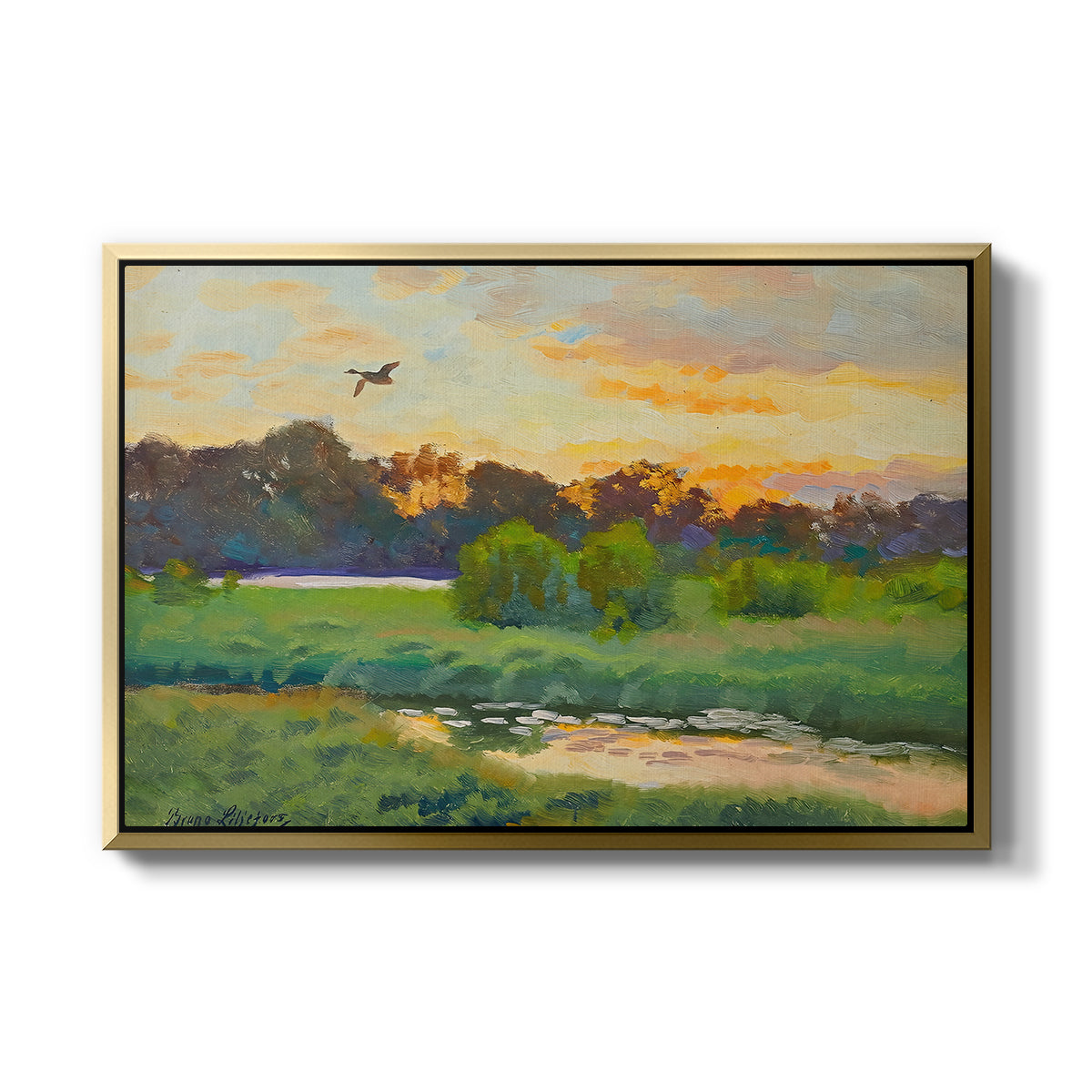 Flying Duck at Sunset, 1924 by Bruno Liljefors in a gold floater framed canvas wall art display.