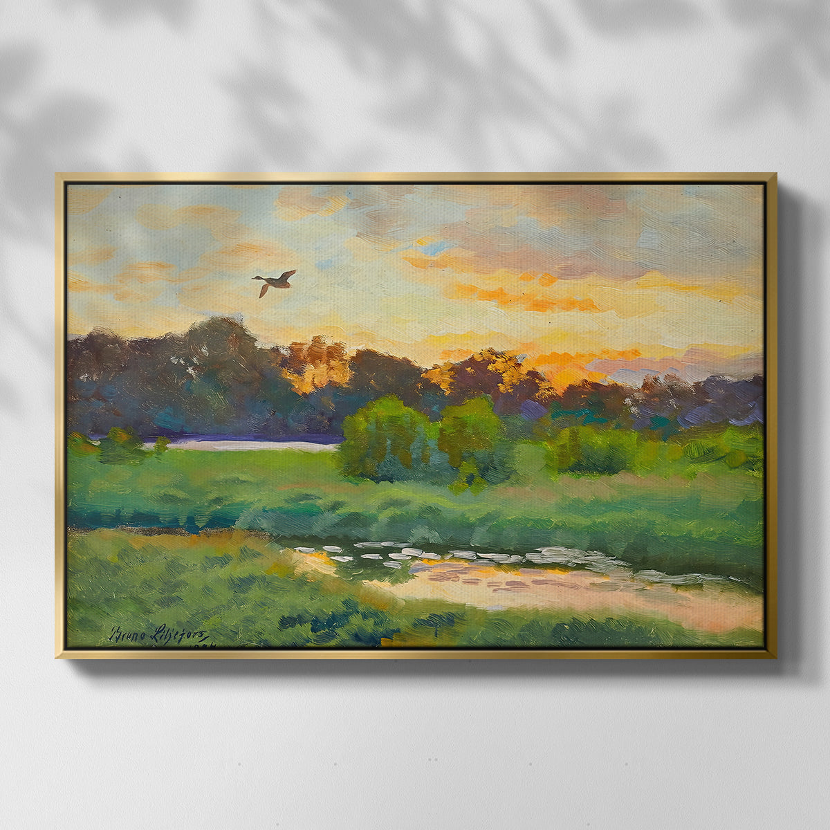 Front view of Flying Duck at Sunset, 1924 by Bruno Liljefors in a gold floater framed canvas.