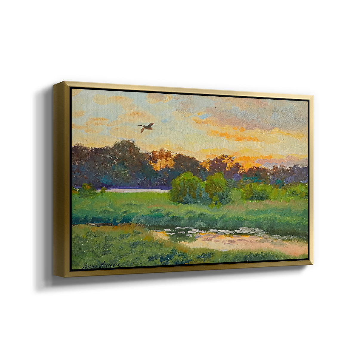 Angled view of Flying Duck at Sunset, 1924 by Bruno Liljefors in a gold floater framed canvas.