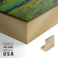 Close-up of the gold floater frame corner and gallery wrapped canvas construction.