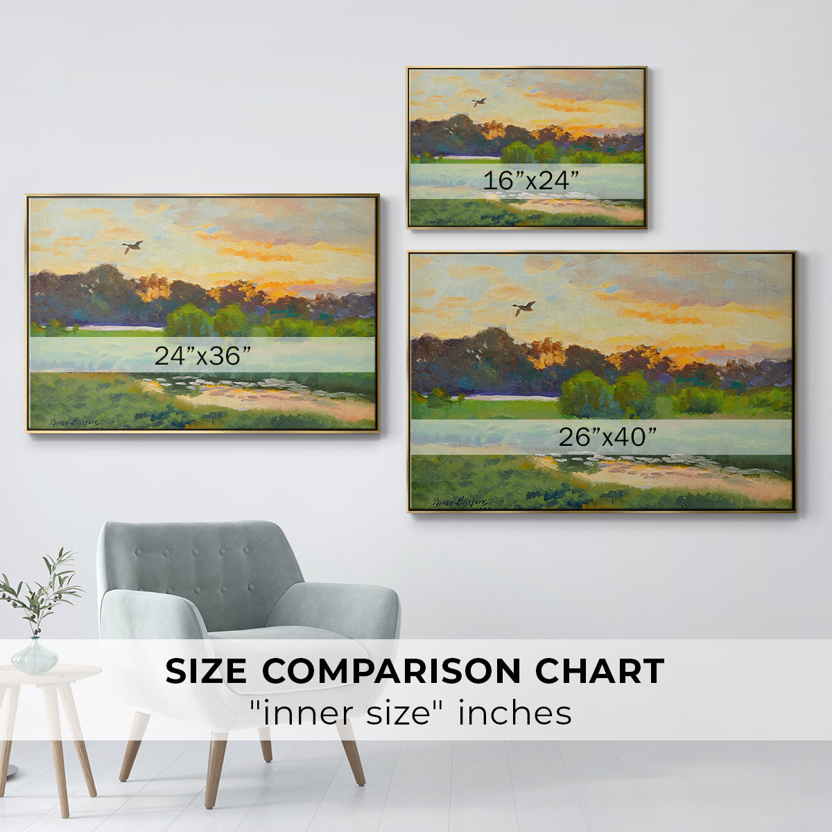 Size comparison chart for gold floater framed canvas featuring Flying Duck at Sunset, 1924 by Bruno Liljefors.