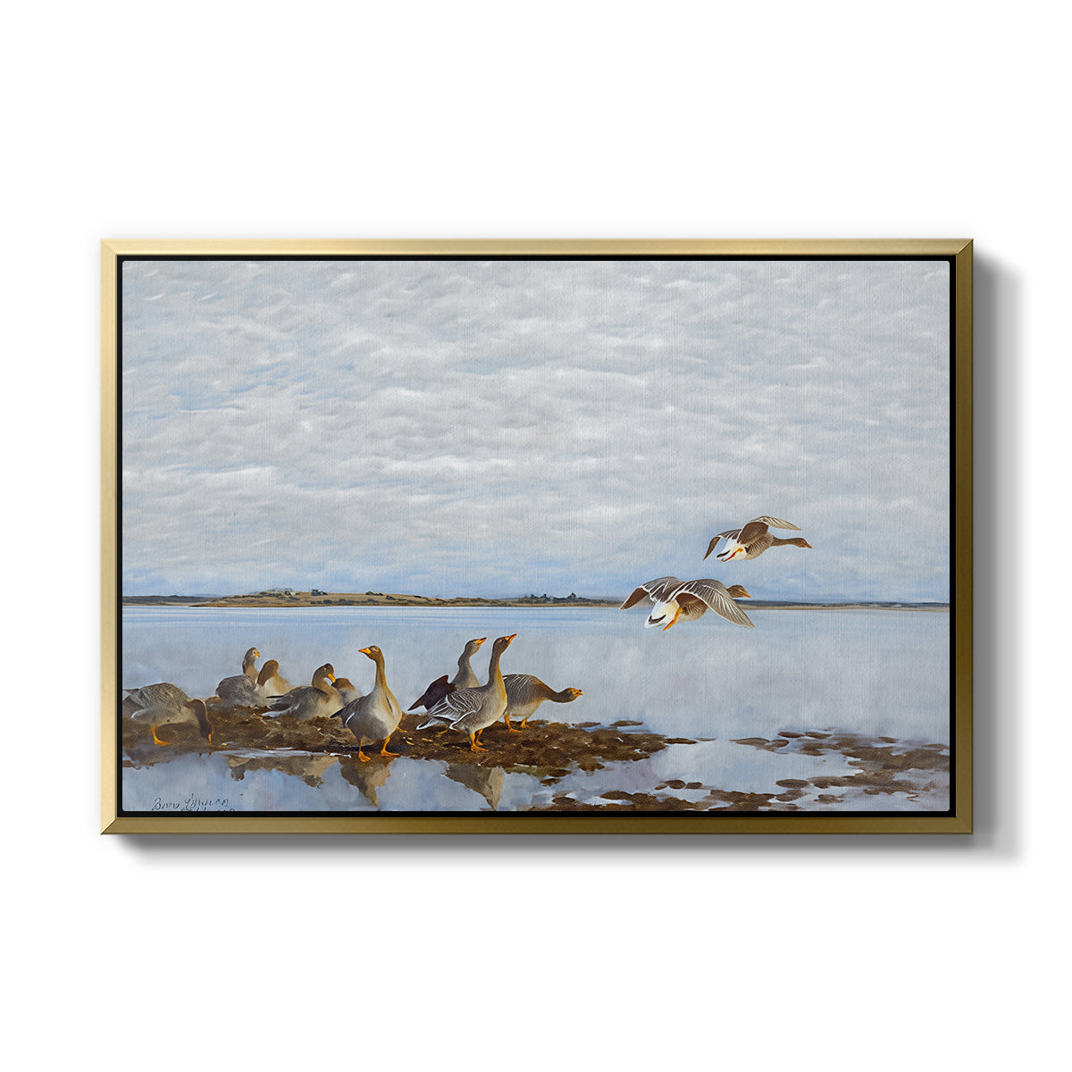 Greylag Geese (Grågäss), 1922 by Bruno Liljefors in a gold floater framed canvas wall art display.