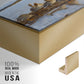 Close-up of the gold floater frame corner and gallery wrapped canvas construction.