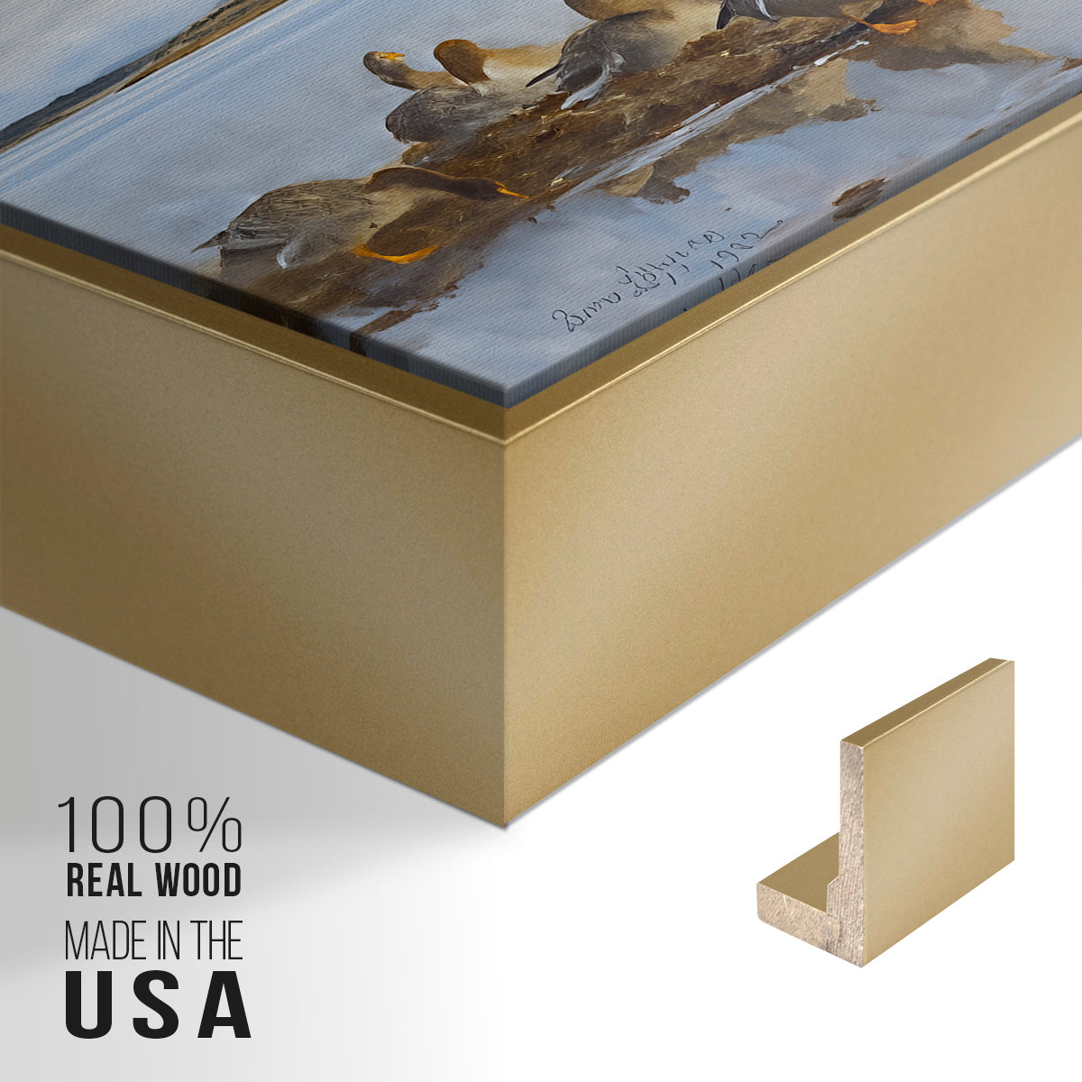 Close-up of the gold floater frame corner and gallery wrapped canvas construction.