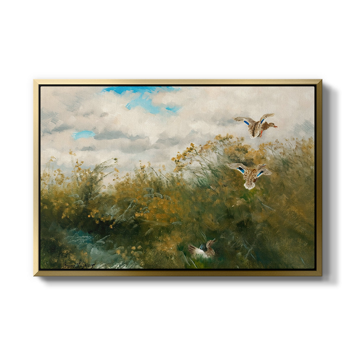 Wild Ducks (Grasänder), 1890 by Bruno Liljefors in a gold floater framed canvas wall art display.