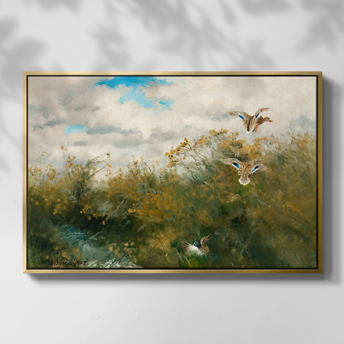 Front view of Wild Ducks (Grasänder), 1890 by Bruno Liljefors in a gold floater framed canvas.