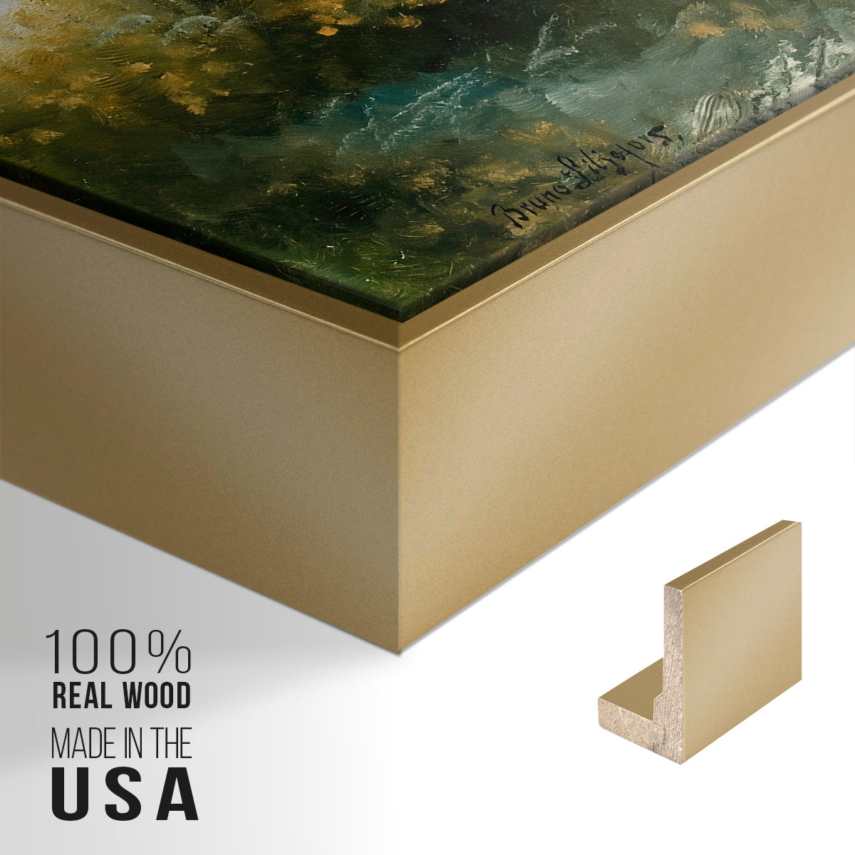 Close-up of the gold floater frame corner and gallery wrapped canvas construction.