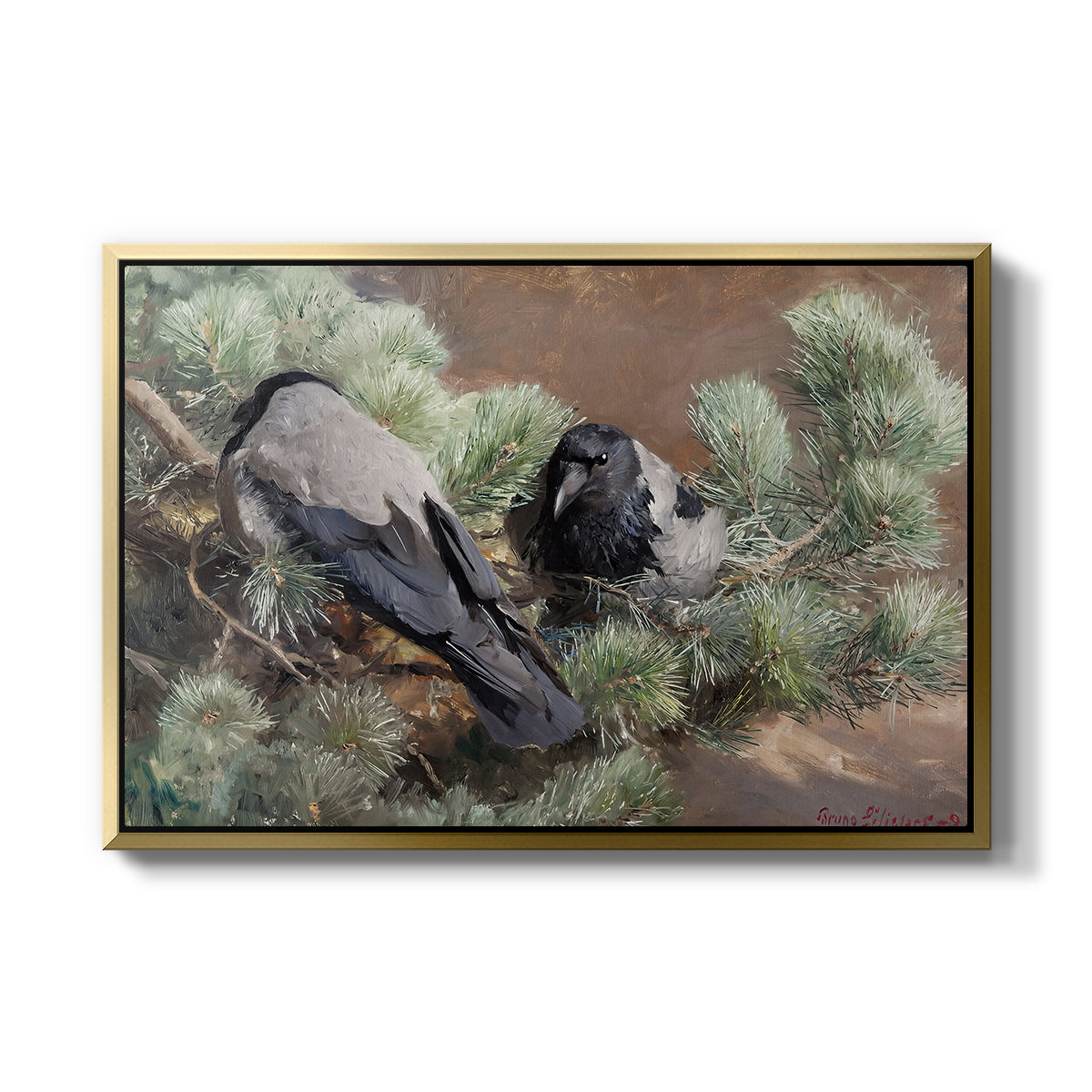 Hooded Crows (Kråkor), 1891 by Bruno Liljefors in a gold floater framed canvas wall art display.
