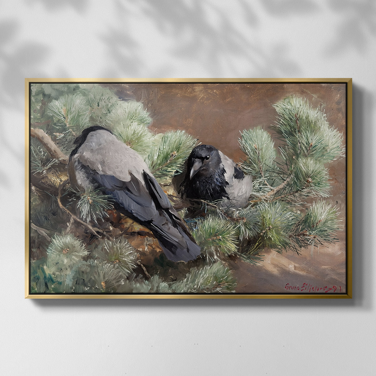 Front view of Hooded Crows (Kråkor), 1891 by Bruno Liljefors in a gold floater framed canvas.