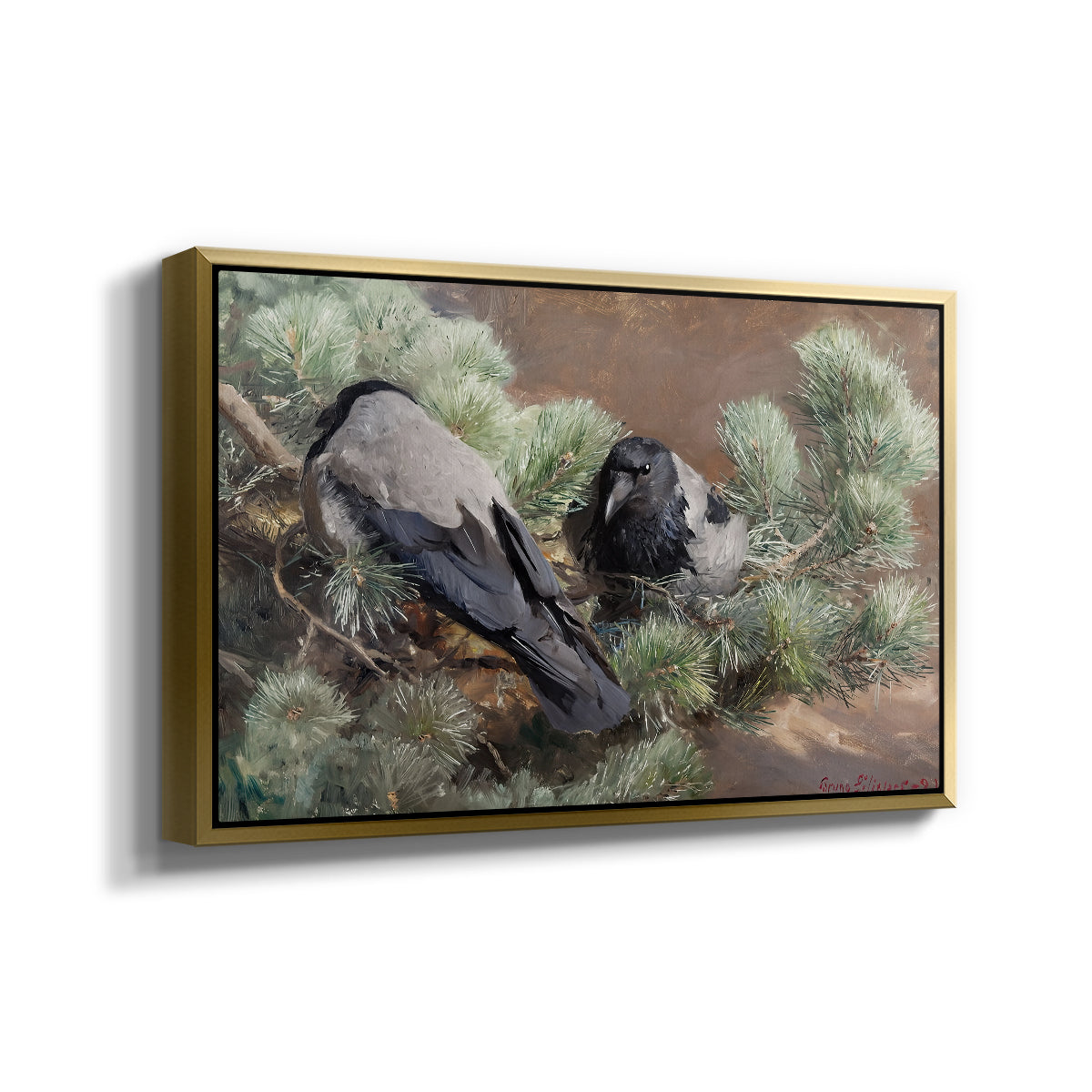 Angled view of Hooded Crows (Kråkor), 1891 by Bruno Liljefors in a gold floater framed canvas.