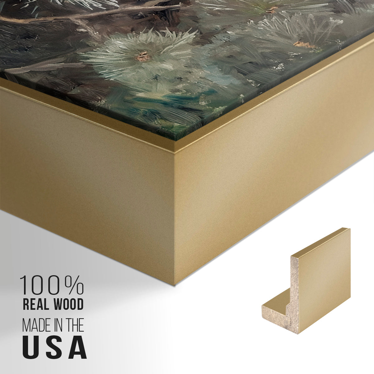 Close-up of the gold floater frame corner and gallery wrapped canvas construction.