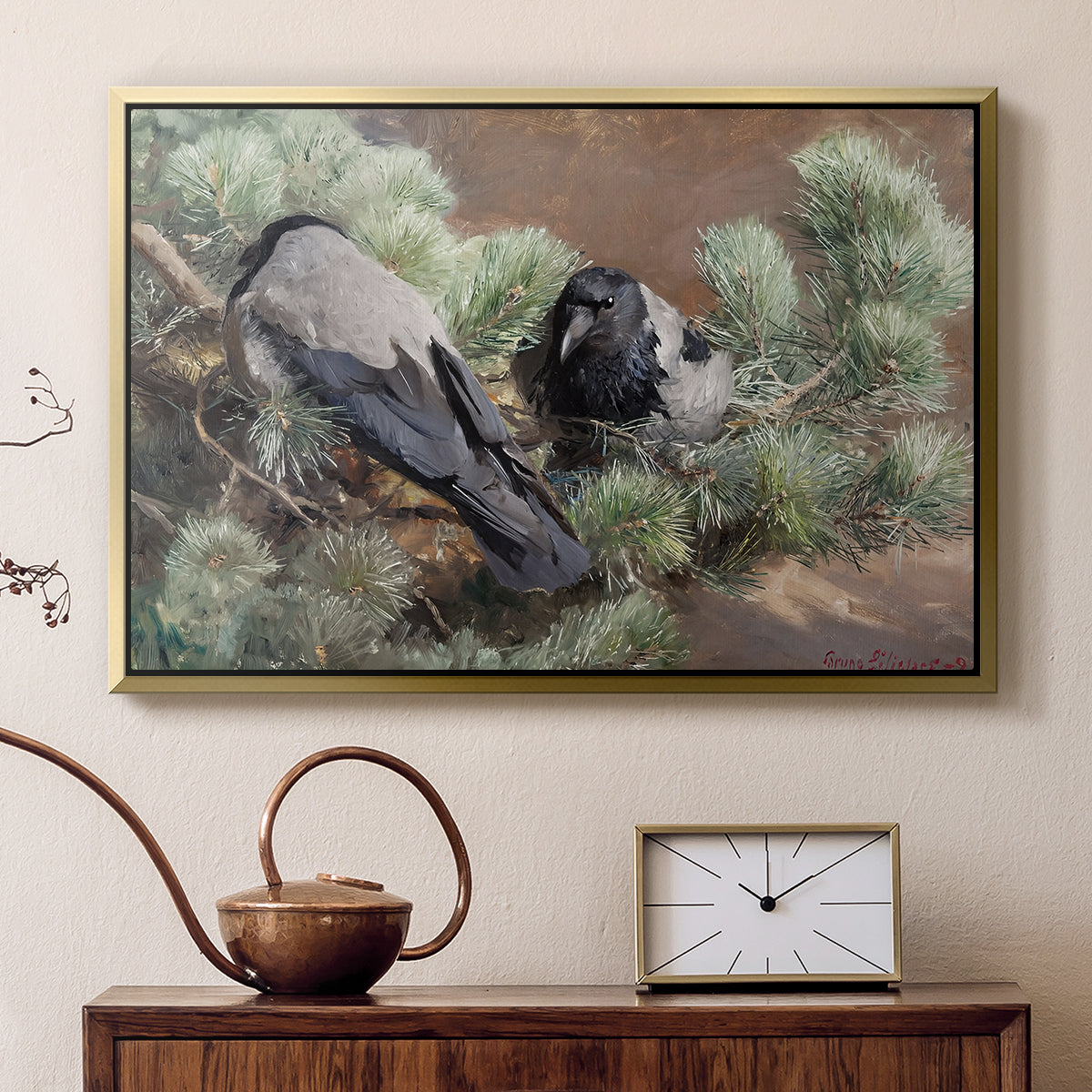 Gold floater framed canvas featuring a realistic scene of crows interacting on grassy terrain, displayed above a cabinet in a soft-toned living room.