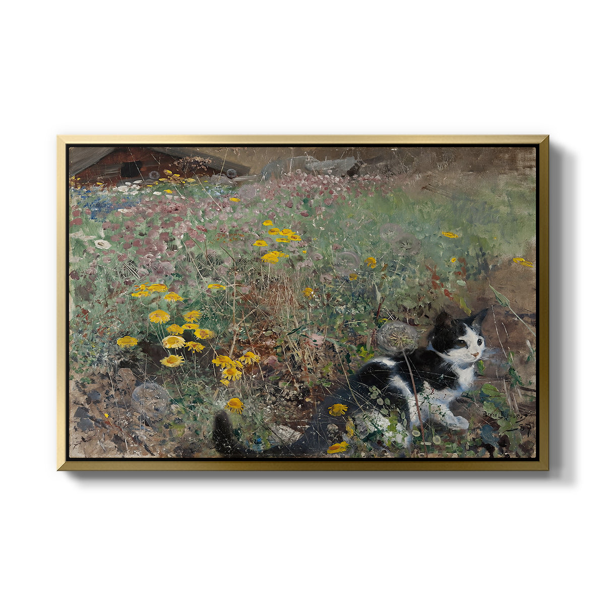 Cat on a Flowery Meadow, 1887 by Bruno Liljefors in a gold floater framed canvas wall art display.